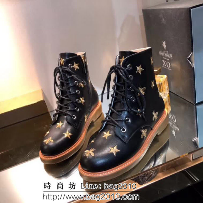 GUCCI古馳 2018經典款 黑色小牛皮刺繡蝴蝶 時尚潮流 中跟靴子 QZS2032